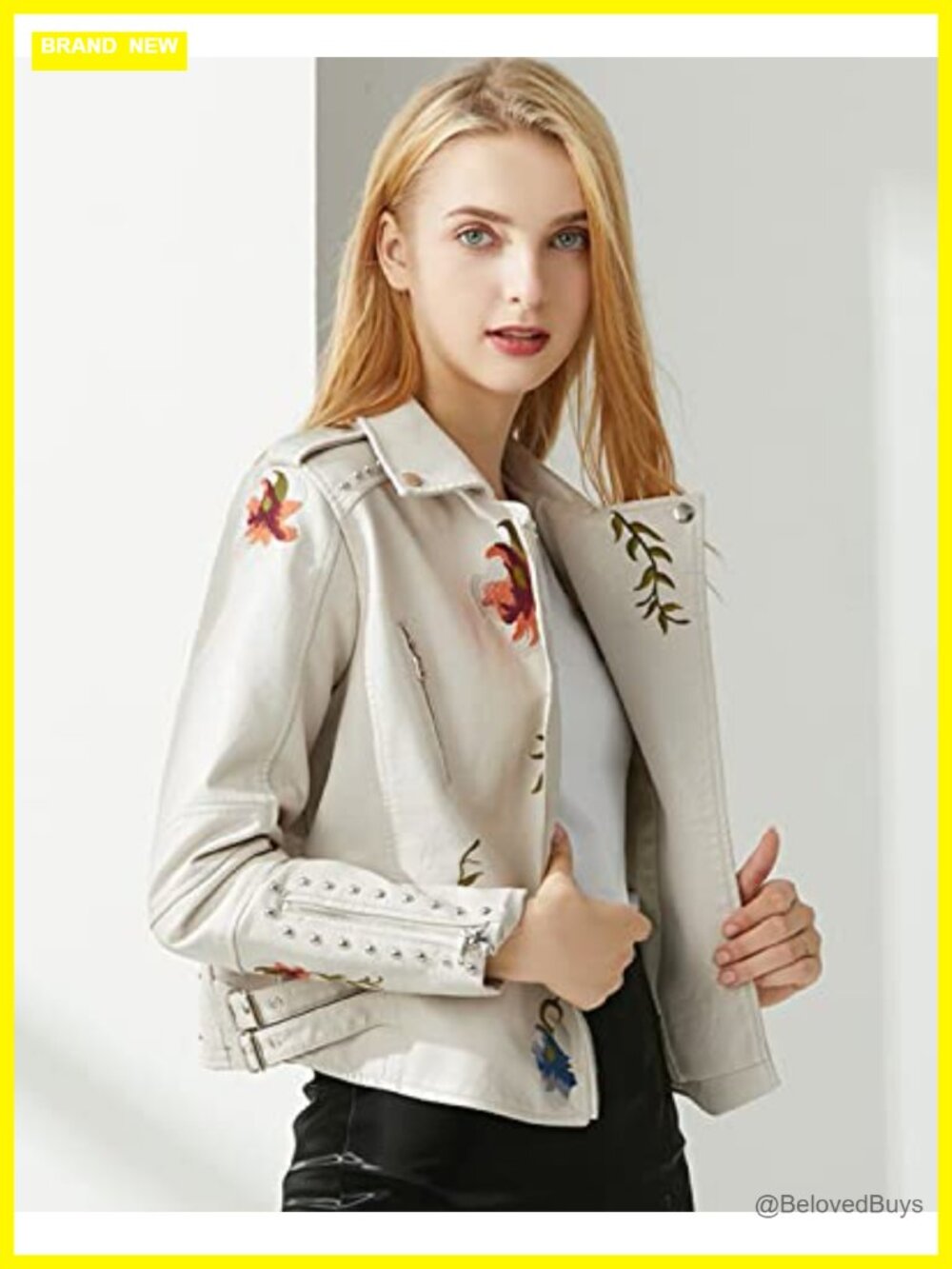 Embroidered Studded Faux Leather Moto Jacket Floral Coat - Picture 2 of 6